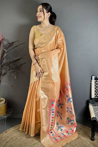 Orange tissue solid zari weaving paithani saree with muniya border