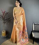 Orange tissue solid zari weaving paithani saree with muniya border