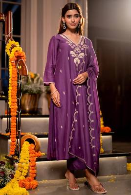 Purple color mal chanderi stylish fancy kurta set for girls 1