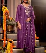 Purple color mal chanderi fabric designer stylish fancy kurta set for girls
