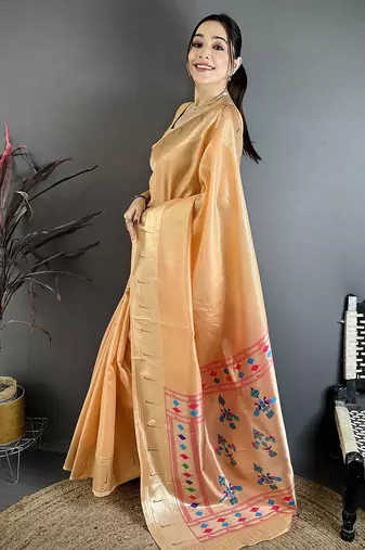 Orange tissue solid zari weaving paithani saree with muniya border