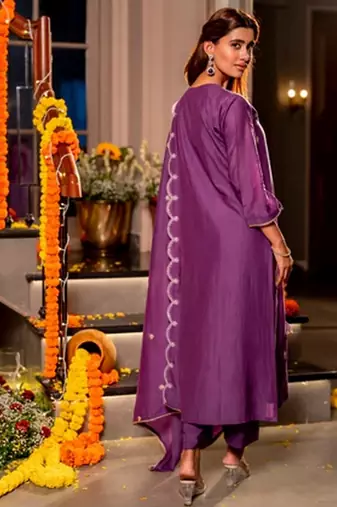 Purple color mal chanderi stylish fancy kurta set for girls