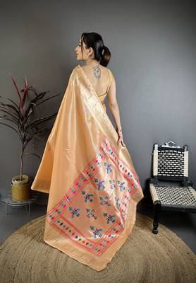 Orange tissue solid zari weaving paithani saree with muniya border 4