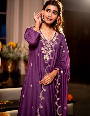 Purple color mal chanderi stylish fancy kurta set for girls 3