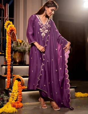 Purple color mal chanderi stylish fancy kurta set for girls 4