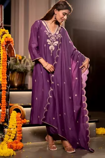 Purple color mal chanderi stylish fancy kurta set for girls