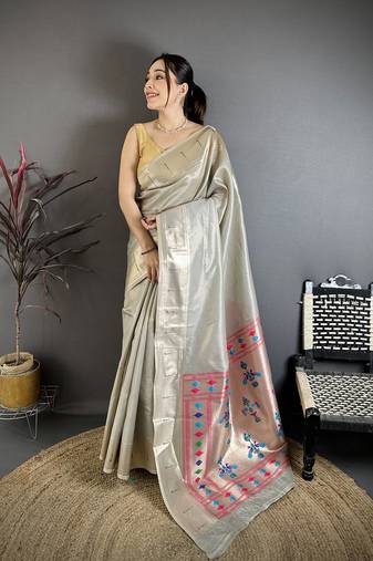 Grey tissue solid zari weaving paithani saree with muniya border