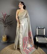 Grey tissue solid zari weaving paithani saree with muniya border