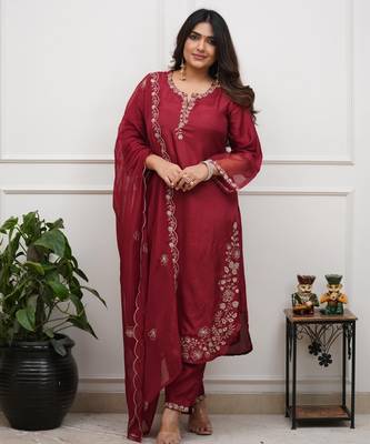 Maroon color chanderi stylish fancy kurta set for girls 1