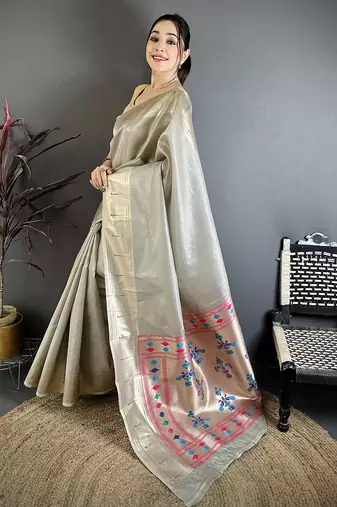 Grey tissue solid zari weaving paithani saree with muniya border