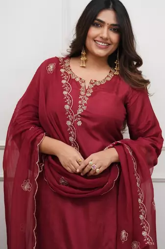Maroon color chanderi stylish fancy kurta set for girls