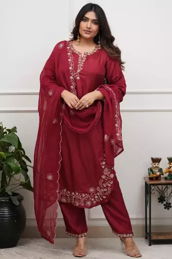 Maroon color chanderi stylish fancy kurta set for girls