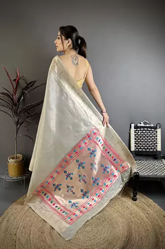 Grey tissue solid zari weaving paithani saree with muniya border