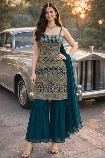 Rama color georgette fabric designer embroidery work ceremonial sharara dress