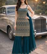 Rama color georgette fabric designer embroidery work ceremonial sharara dress