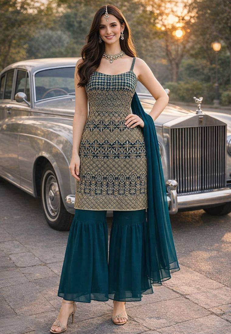 Rama color georgette fabric designer embroidery work ceremonial sharara dress