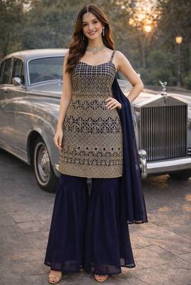 Blue color georgette embroidery ceremonial sharara dress 1