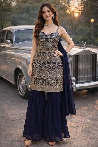 Blue color georgette fabric designer embroidery work ceremonial sharara dress