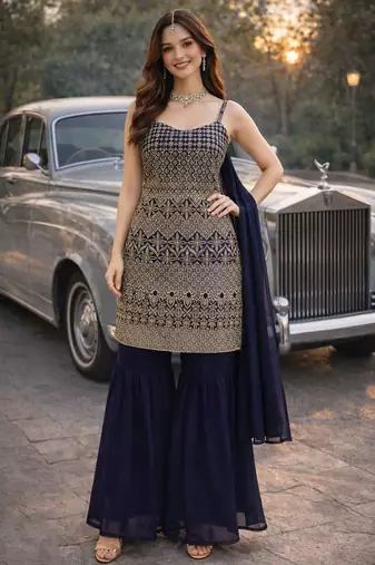 Blue color georgette fabric designer embroidery work ceremonial sharara dress