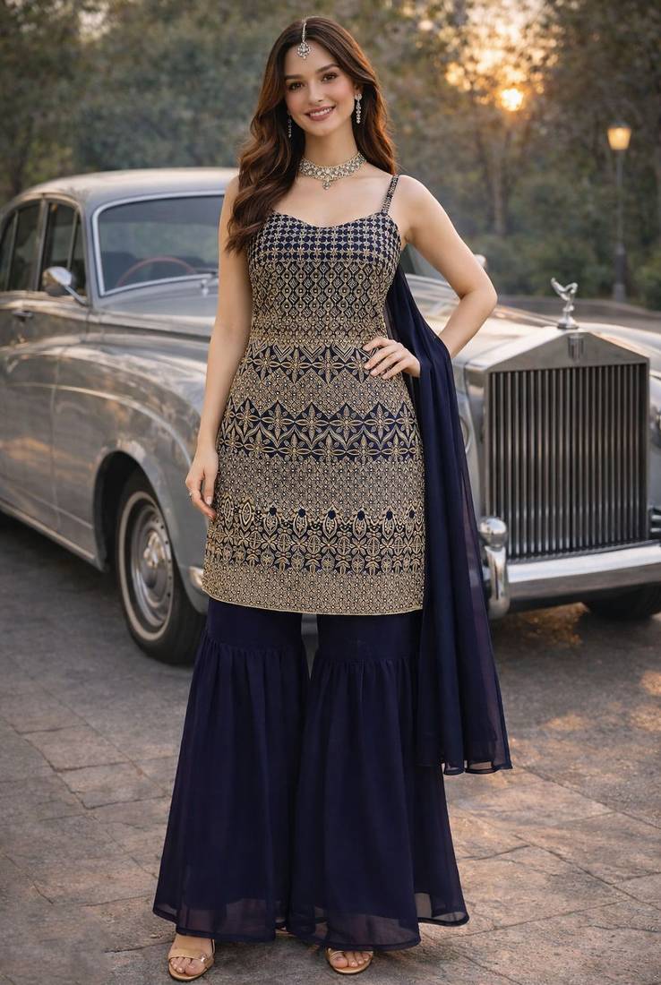 Blue color georgette fabric designer embroidery work ceremonial sharara dress