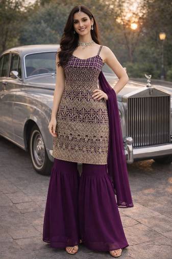 Wine color georgette fabric designer embroidery work ceremonial sharara dress