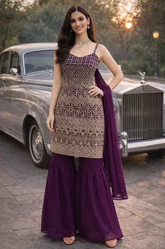 Wine color georgette fabric designer embroidery work ceremonial sharara dress