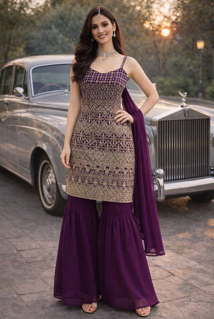 Wine color georgette fabric designer embroidery work ceremonial sharara dress