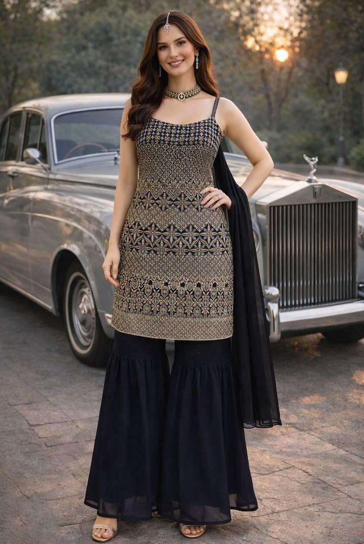 Black color georgette fabric designer embroidery work ceremonial sharara dress