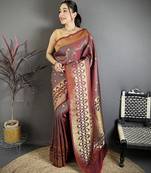 Wine banarasi soft silk checked body with floral motifs south pattu saree