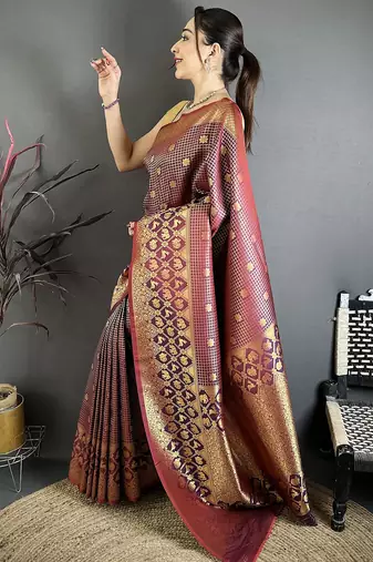 Wine banarasi soft silk checked body with floral motifs south pattu saree