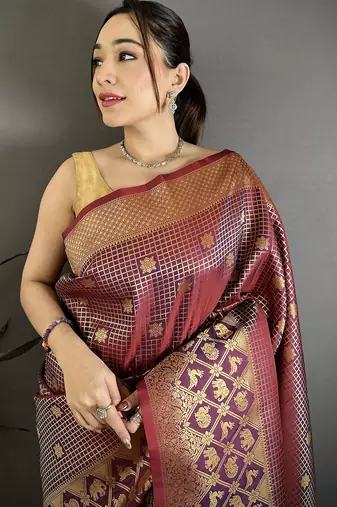 Wine banarasi soft silk checked body with floral motifs south pattu saree