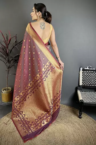 Wine banarasi soft silk checked body with floral motifs south pattu saree