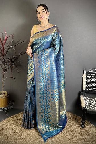 Blue banarasi soft silk checked body with floral motifs south pattu saree
