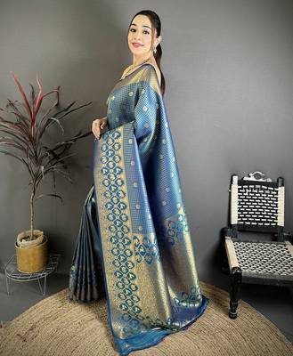 Blue banarasi soft silk checked body with floral motifs south pattu saree 2
