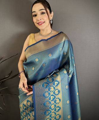 Blue banarasi soft silk checked body with floral motifs south pattu saree 3