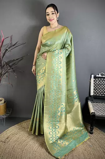 Pista green banarasi soft silk checked body with floral motifs south pattu saree