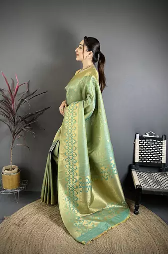 Pista green banarasi soft silk checked body with floral motifs south pattu saree