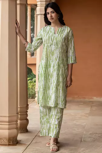 Green color cotton blended designer trendy top bottom set for trendy girls