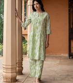 Green color cotton blended designer trendy top bottom set for trendy girls