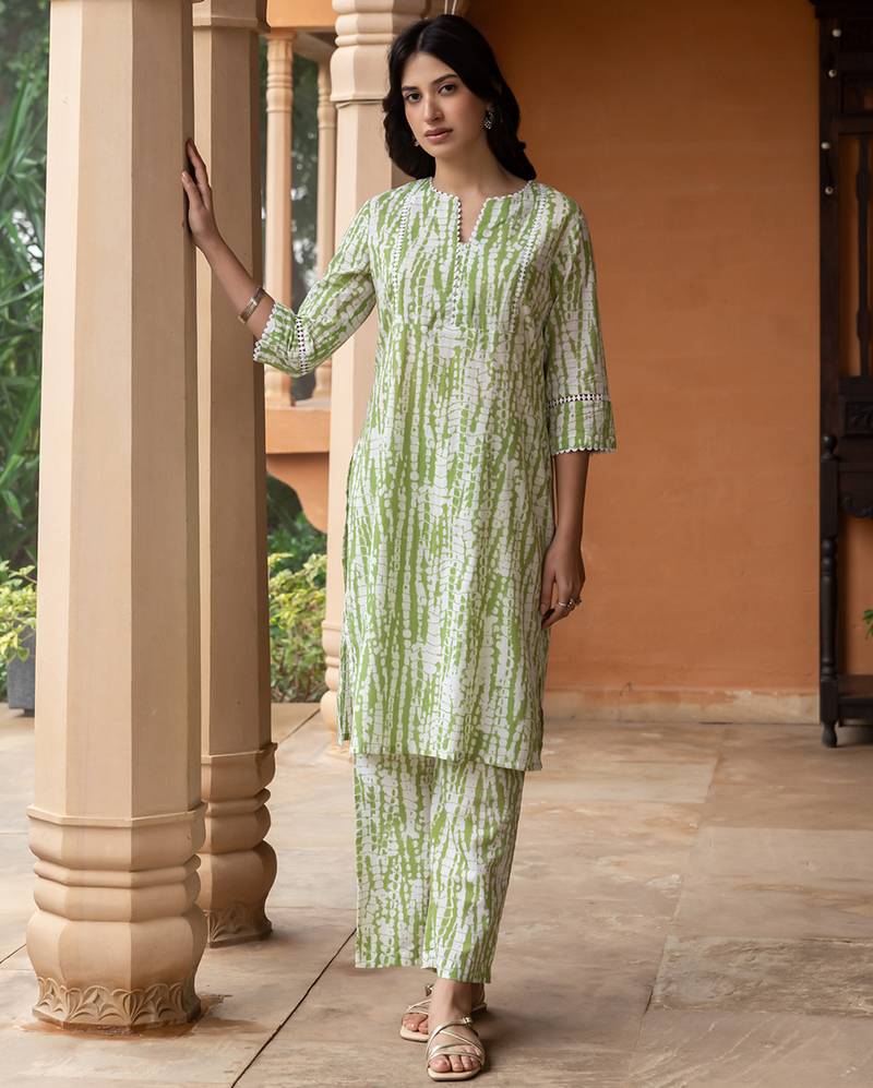 Green color cotton blended designer trendy top bottom set for trendy girls