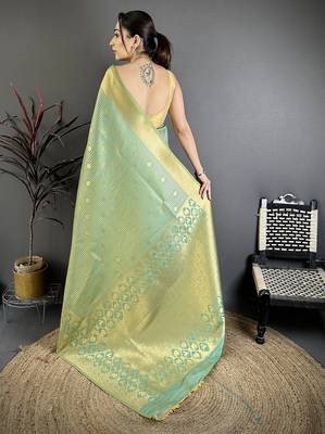 Pista green banarasi soft silk checked body with floral motifs south pattu saree 4