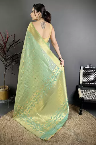 Pista green banarasi soft silk checked body with floral motifs south pattu saree