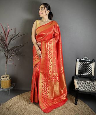 Red banarasi soft silk checked body with floral motifs south pattu saree 1