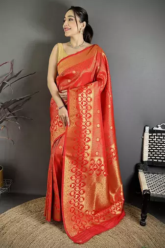 Red banarasi soft silk checked body with floral motifs south pattu saree