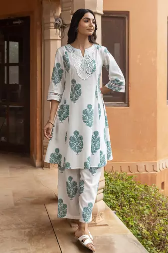 White color cotton blended designer trendy top bottom set for trendy girls