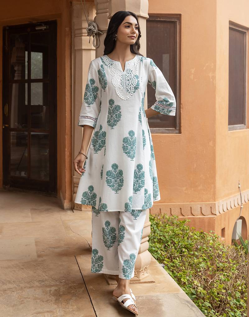 White color cotton blended designer trendy top bottom set for trendy girls