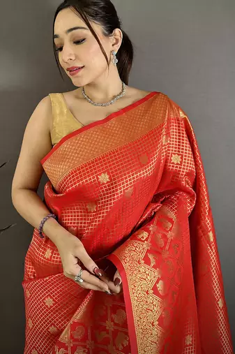 Red banarasi soft silk checked body with floral motifs south pattu saree