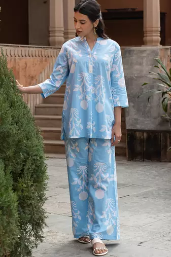 Sky blue color cotton blended designer trendy top bottom set for trendy girls