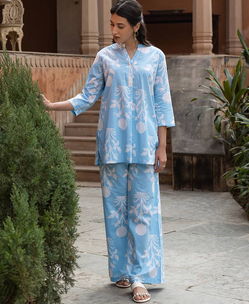 Sky blue color cotton blended designer trendy top bottom set for trendy girls