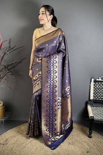 Navy blue banarasi soft silk checked body with floral motifs south pattu saree